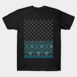 Palestinian Arabic Kufiya Keffiyeh or also called Hatta Traditional Pattern with Tatreez Embroidery Art Design Blue Cream on Navy T-Shirt